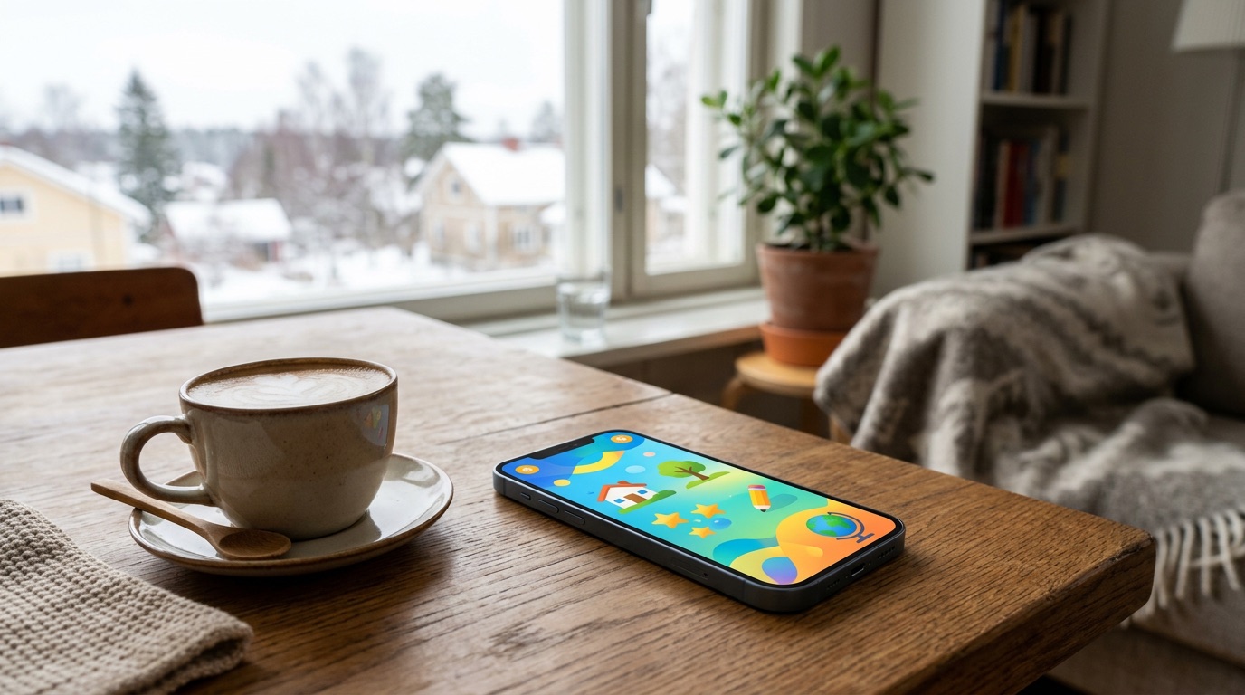 A smartphone on a wooden table beside a coffee cup, learning Finnish