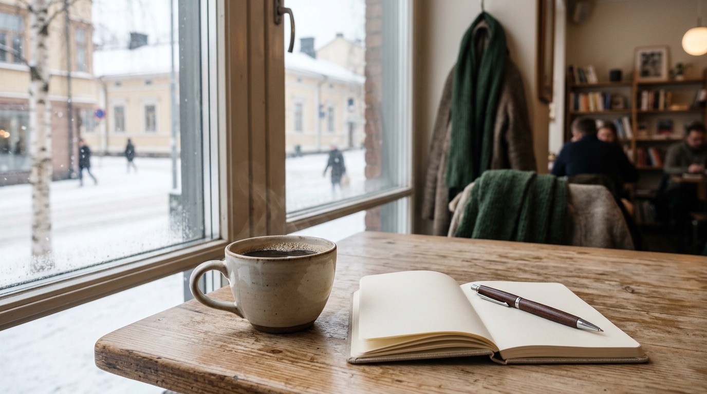 A cup of coffee and a small notebook with a pen on a cafe table by a window