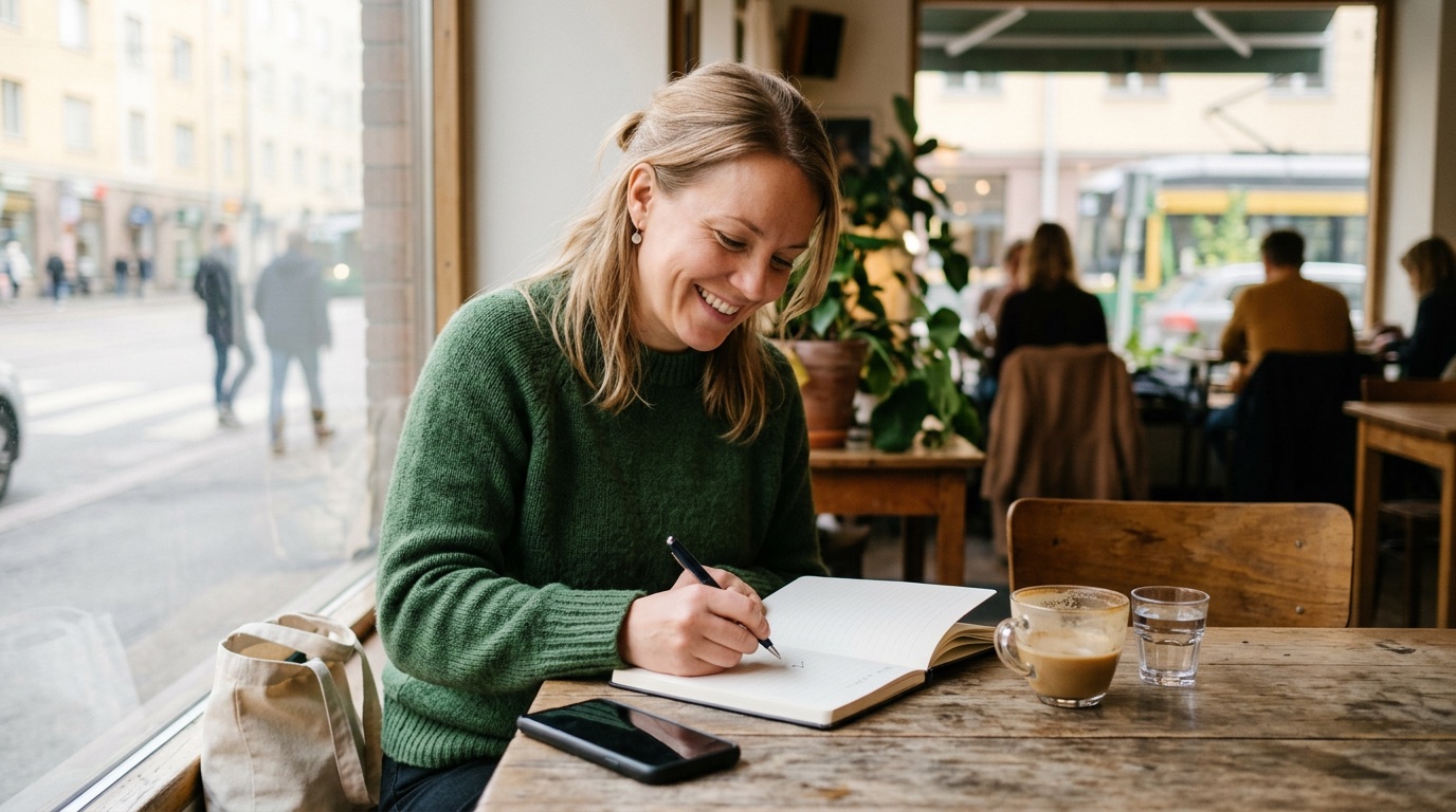 A cheerful adult learner with a notebook and phone at a sunny Finnish cafe, starting to learn
