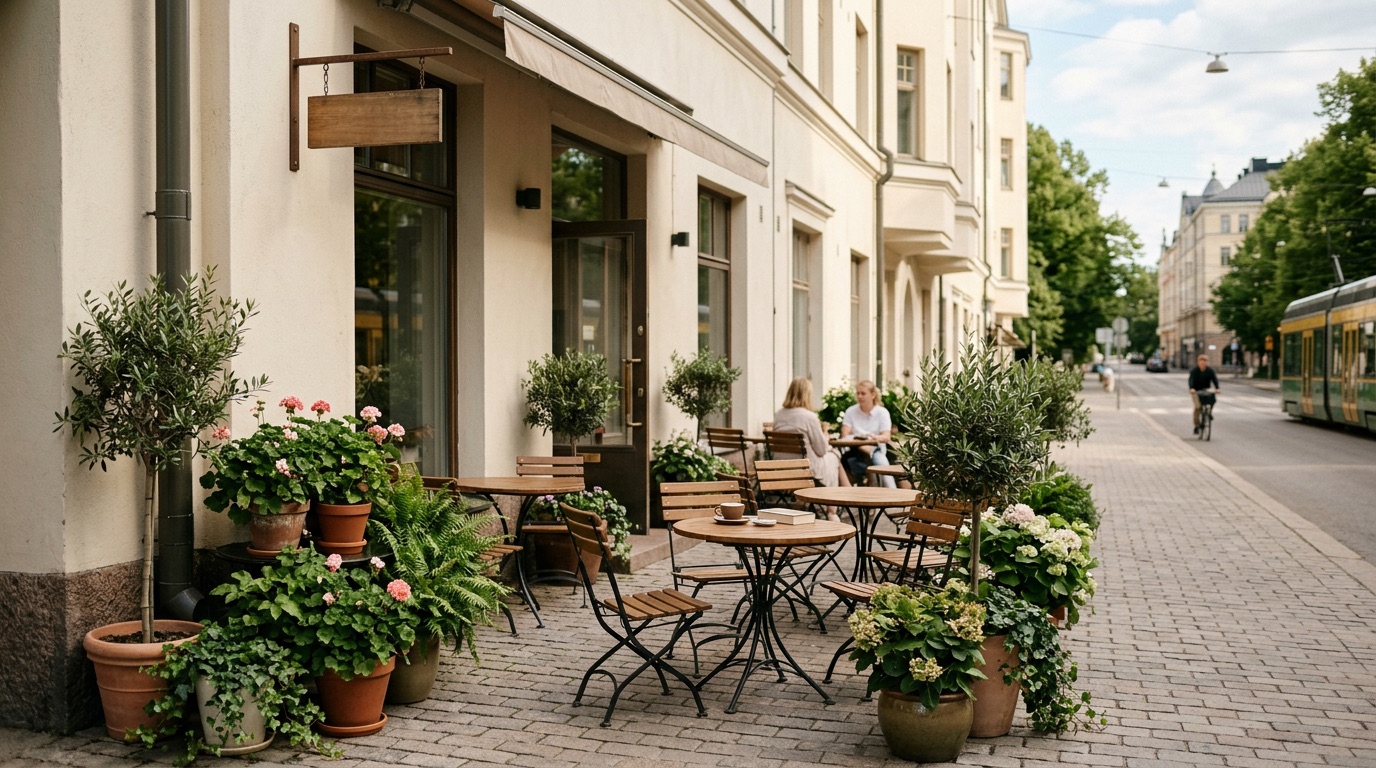 A welcoming Helsinki cafe terrace on a summer street