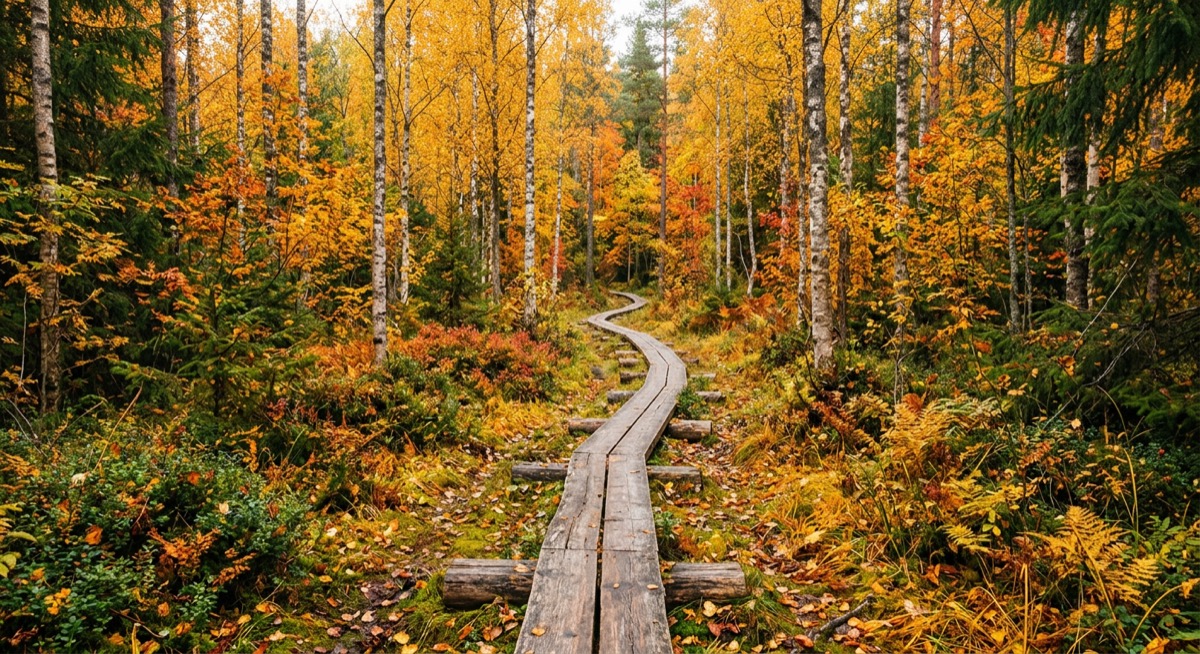 A Finnish autumn forest with golden birch leaves and a wooden boardwalk trail