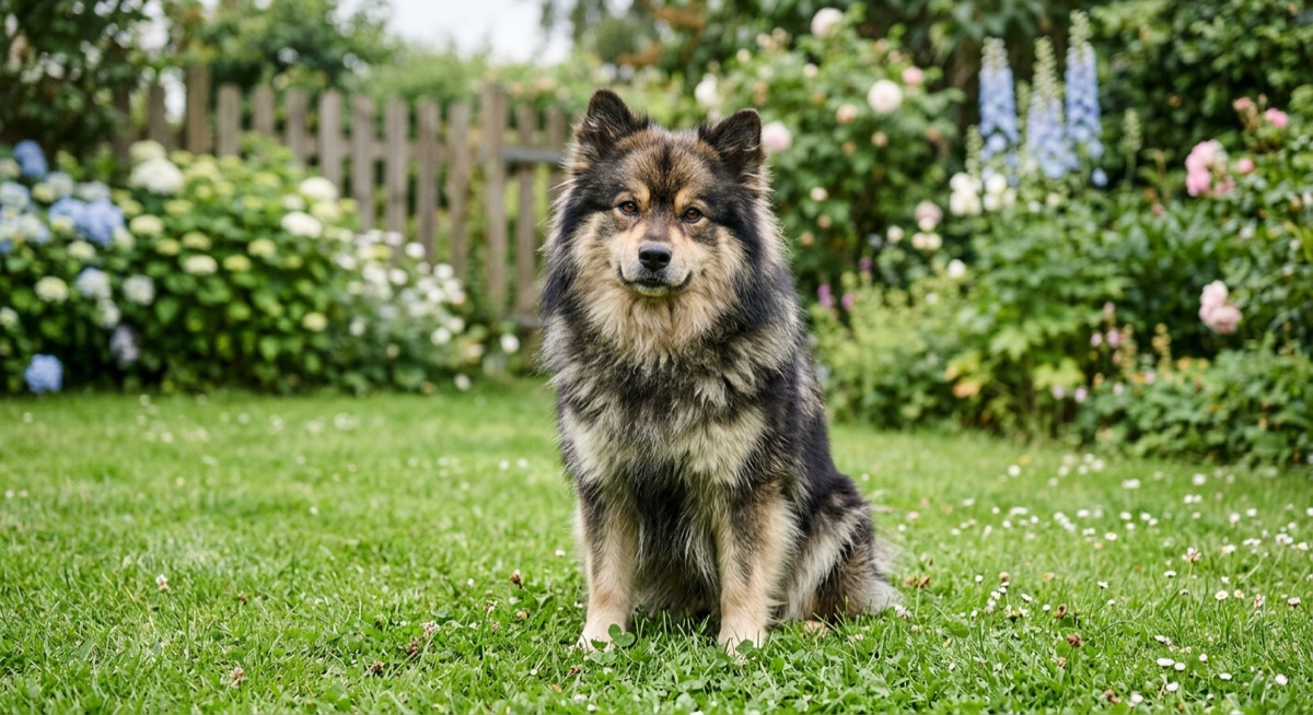 A Finnish Lapphund dog sitting on green grass in a garden