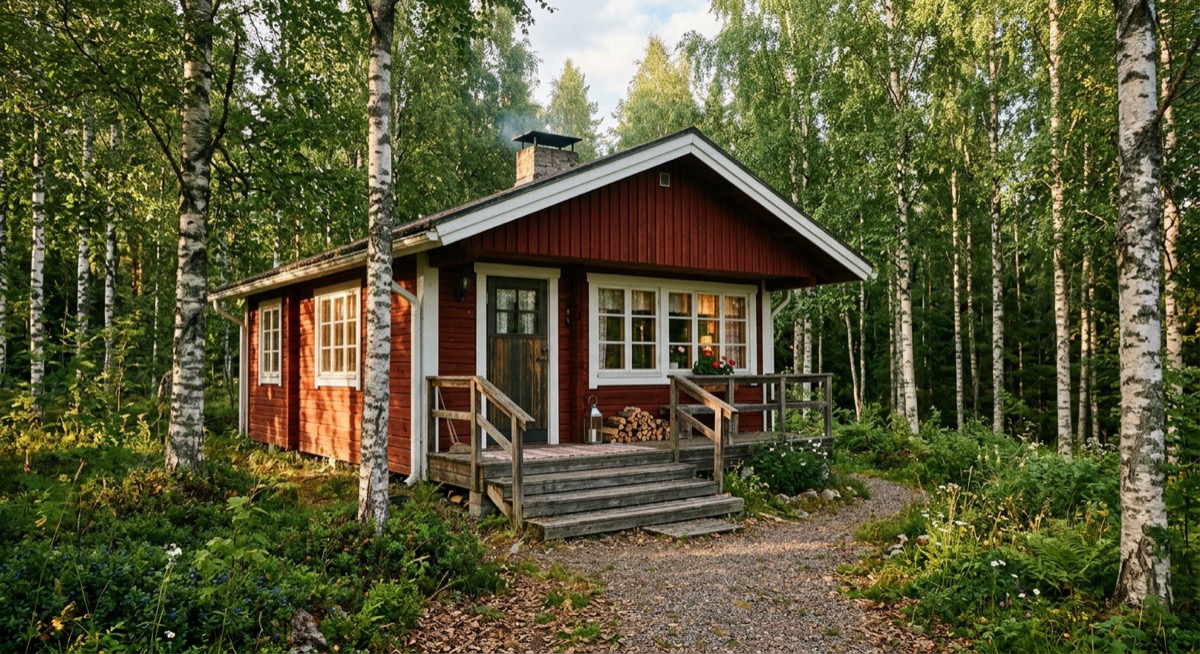 A traditional red Finnish wooden cottage with white window frames among birch trees
