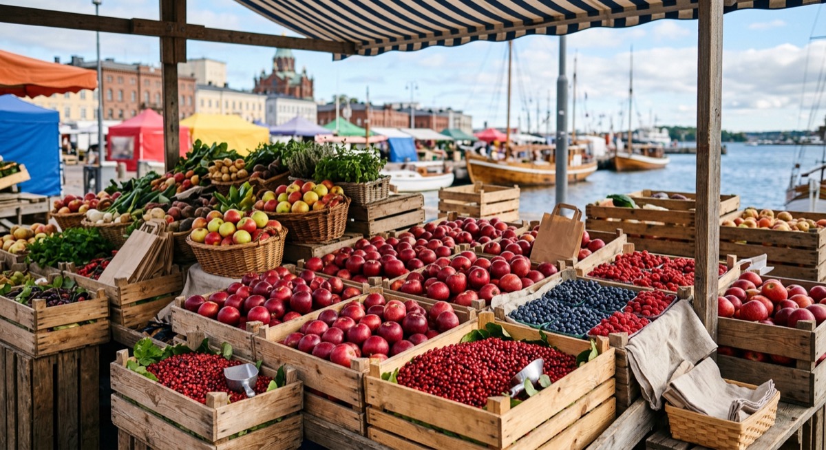A Finnish market stall with crates of red apples and fresh berries