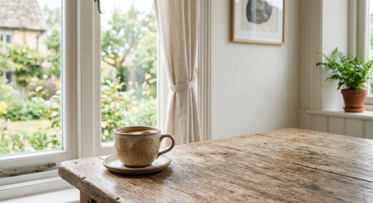 A ceramic coffee cup on a rustic wooden table beside a bright window