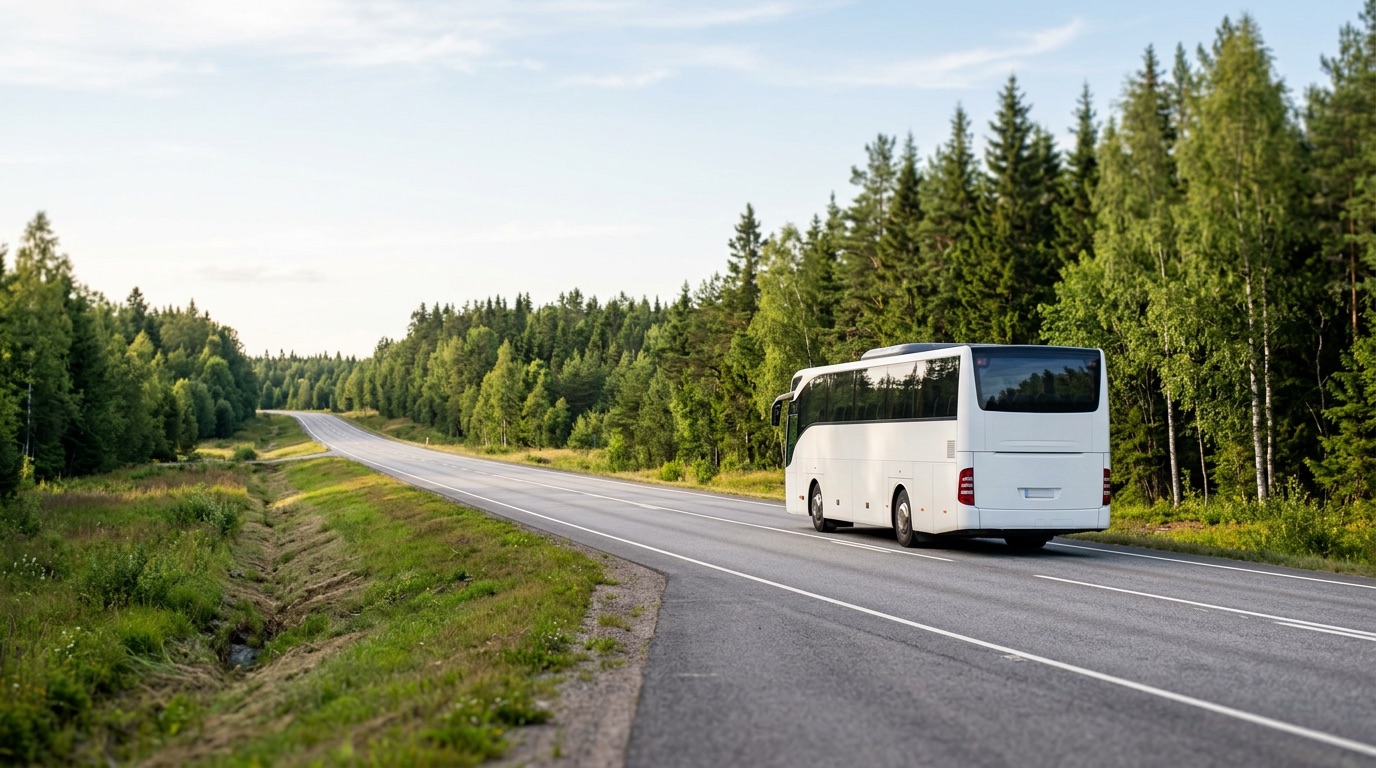 A modern coach bus on an open Finnish highway lined with forest