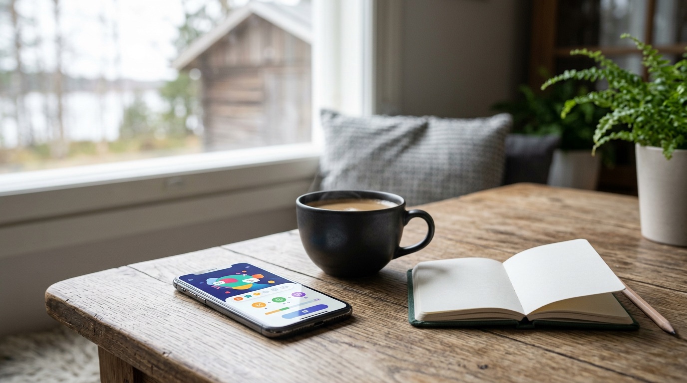 A smartphone beside a coffee cup, comparing Finnish learning apps