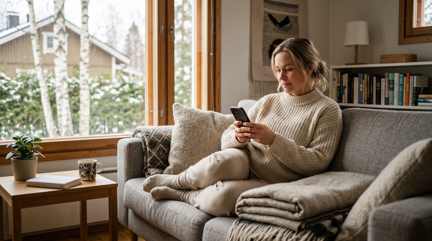 A person relaxing on a sofa learning Finnish on a phone