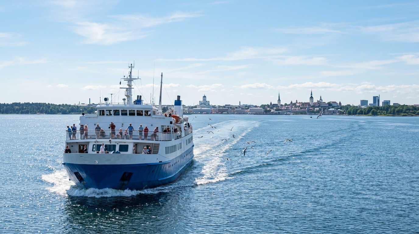 A passenger ferry crossing the calm blue gulf between Helsinki and Tallinn