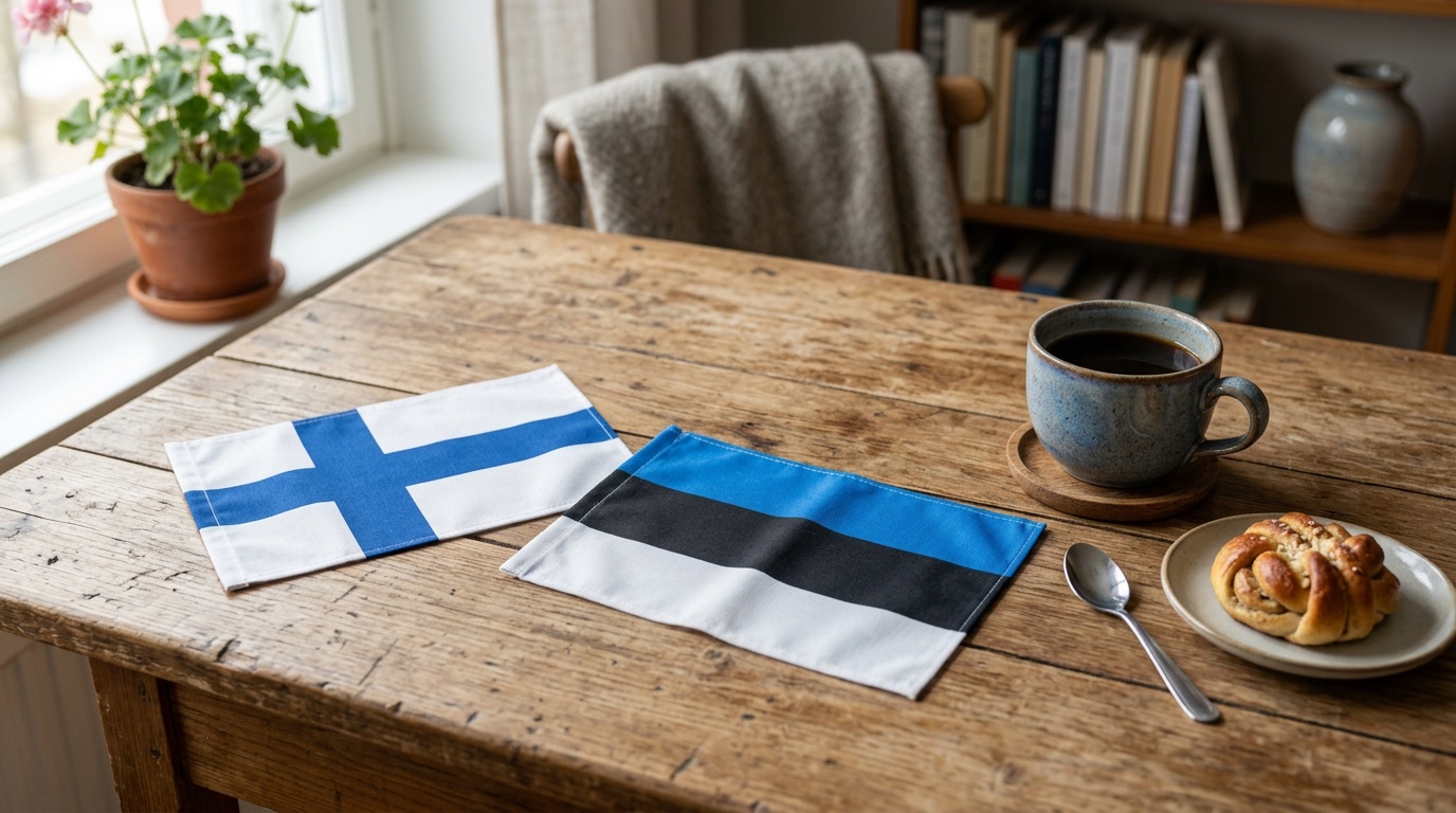 A Finnish flag and an Estonian flag side by side on a wooden table with a coffee cup