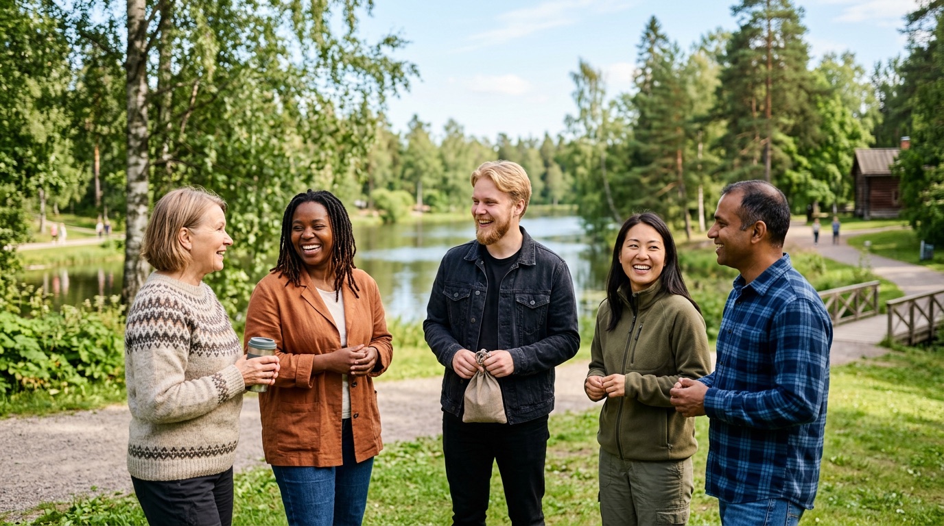 A friendly group of adults chatting outdoors in a Finnish park on a sunny day