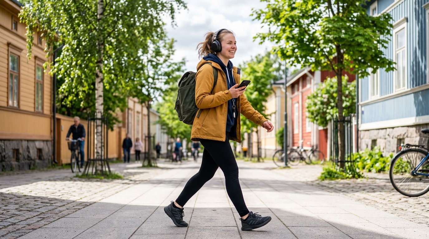 A motivated learner with headphones walking on a sunny Finnish street