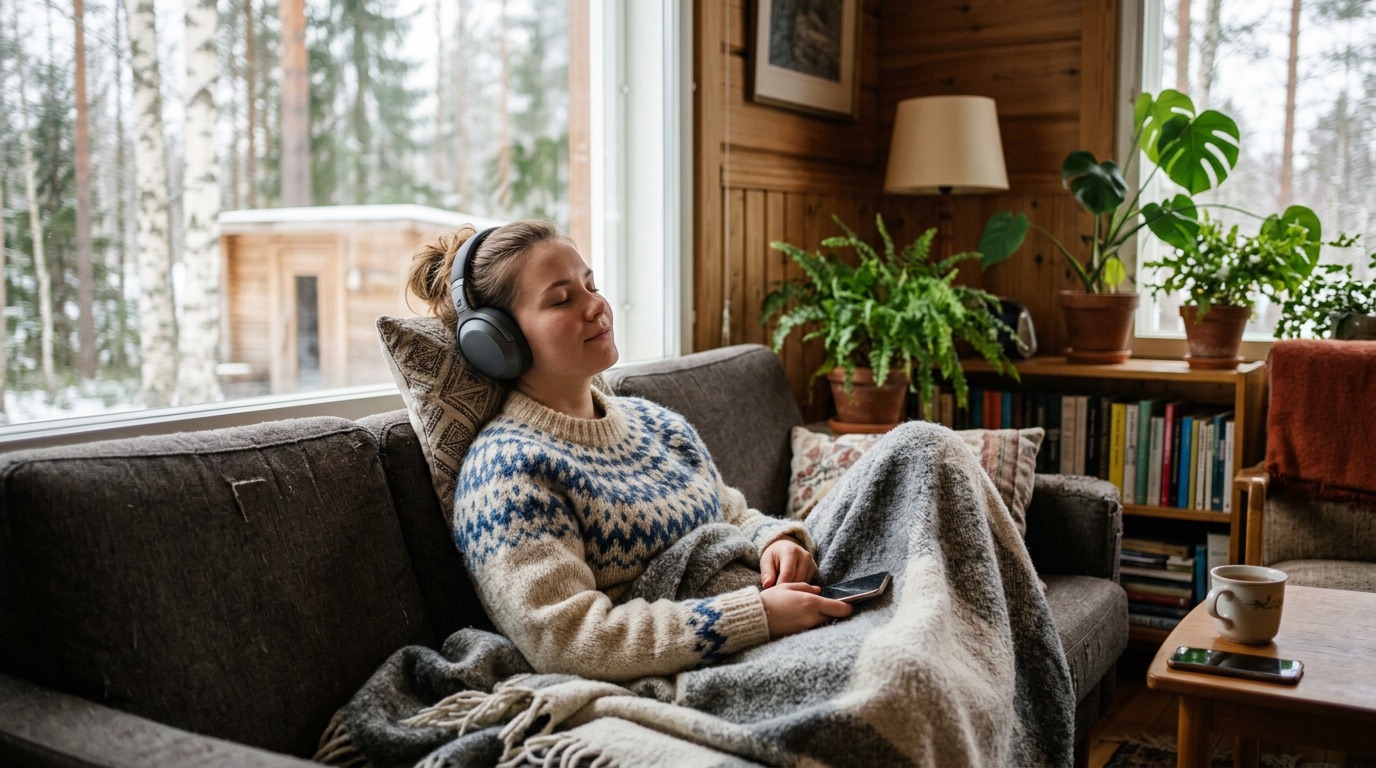 A person relaxing at home listening to audio with headphones