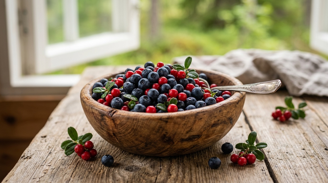 A wooden bowl full of fresh Finnish blueberries and lingonberries
