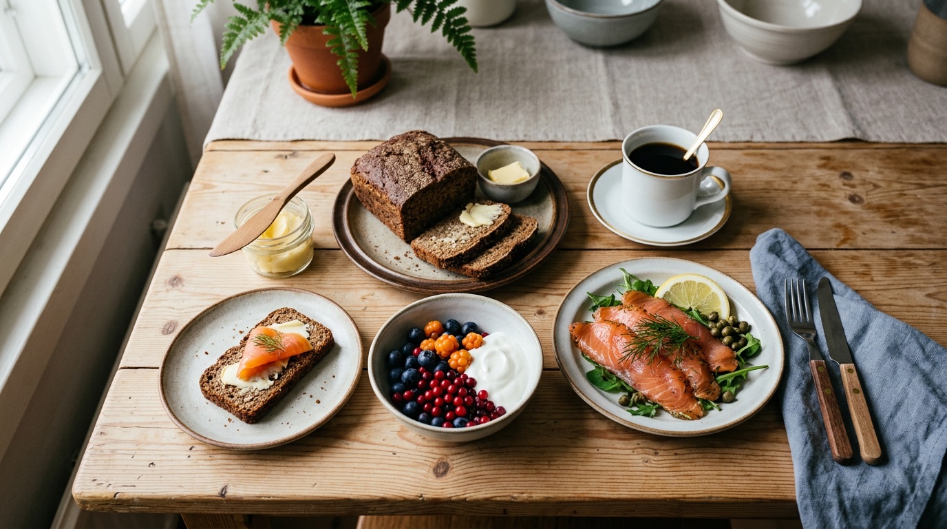 A Finnish food table with rye bread, fresh berries, salmon and coffee
