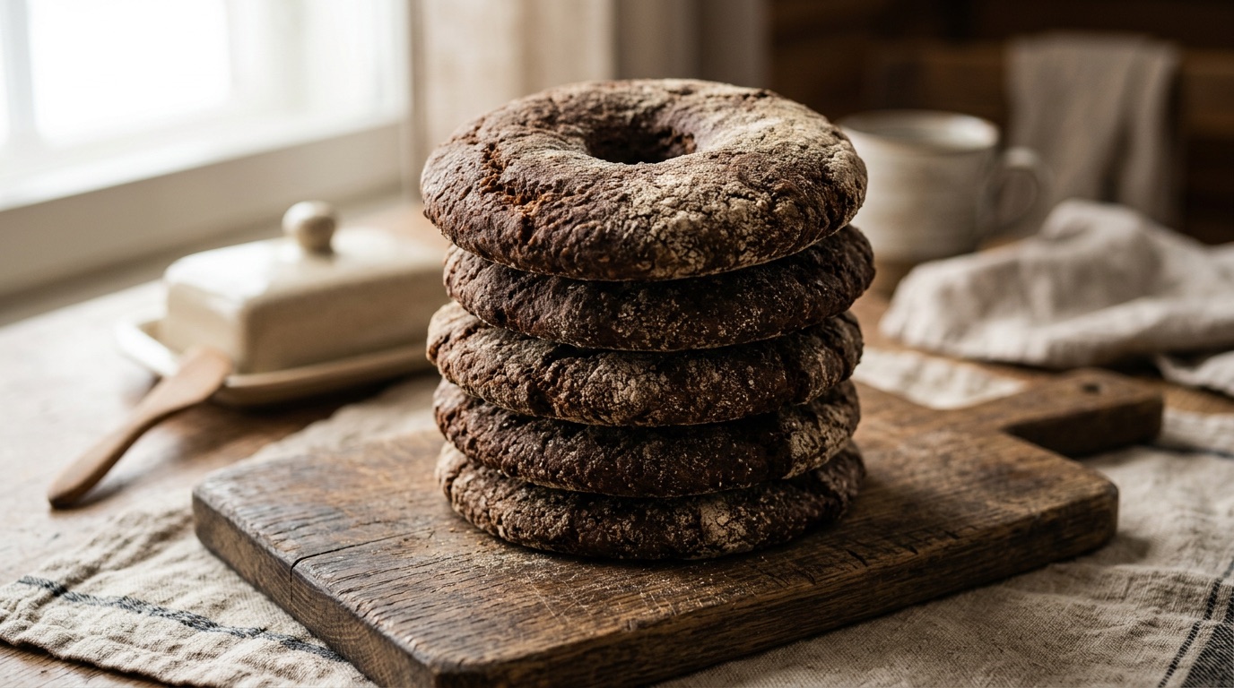 A stack of dark round Finnish rye bread loaves on a wooden board