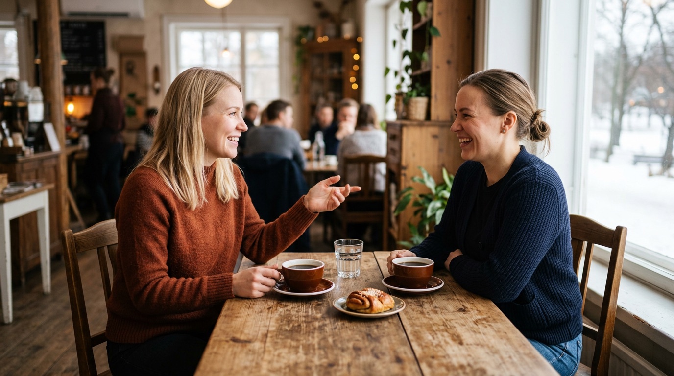 Two people smiling and greeting each other over coffee at a cosy Finnish cafe