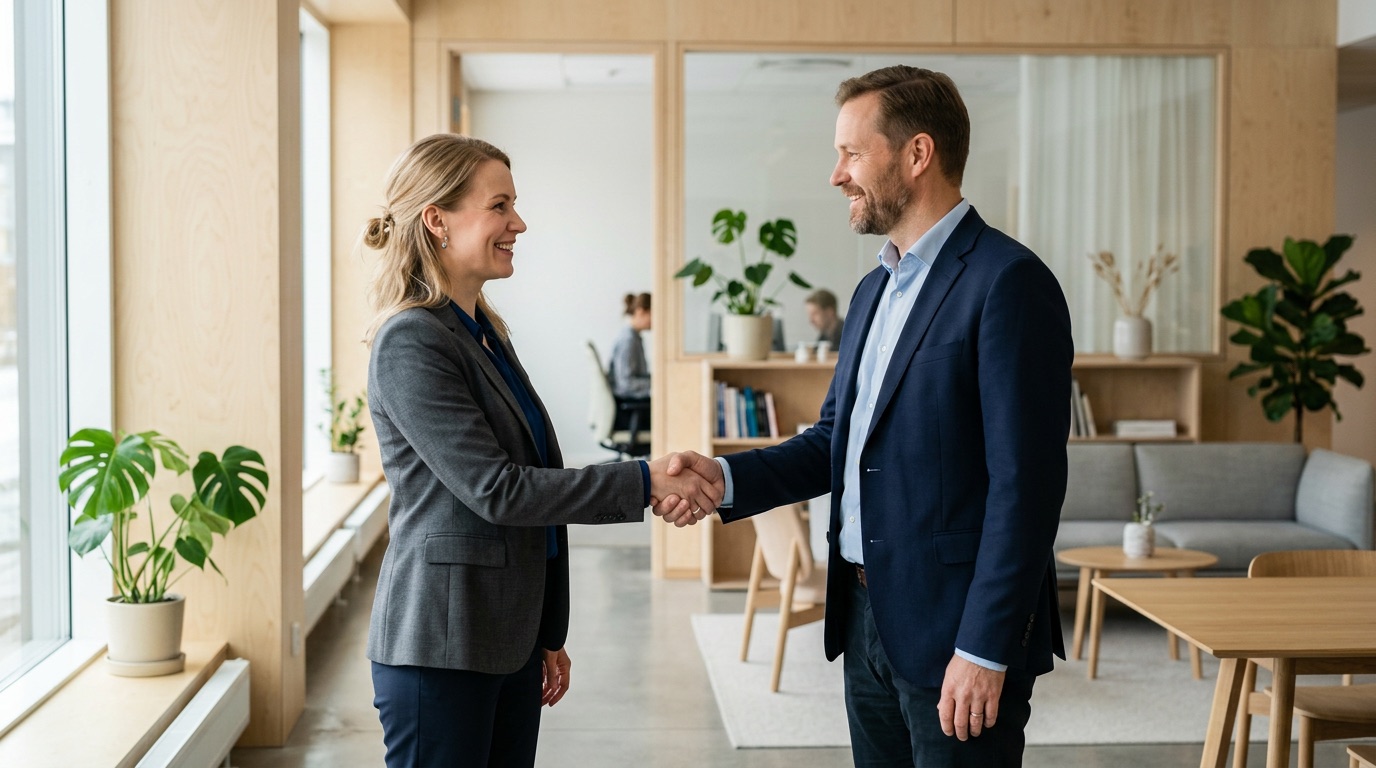 A friendly professional handshake between two people in a bright modern Finnish office