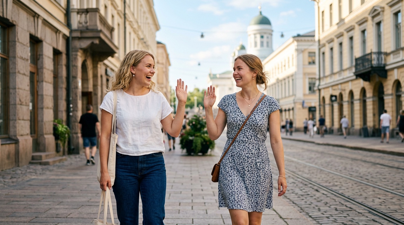 Two smiling Finnish friends greeting each other with a friendly wave on a sunny Helsinki street