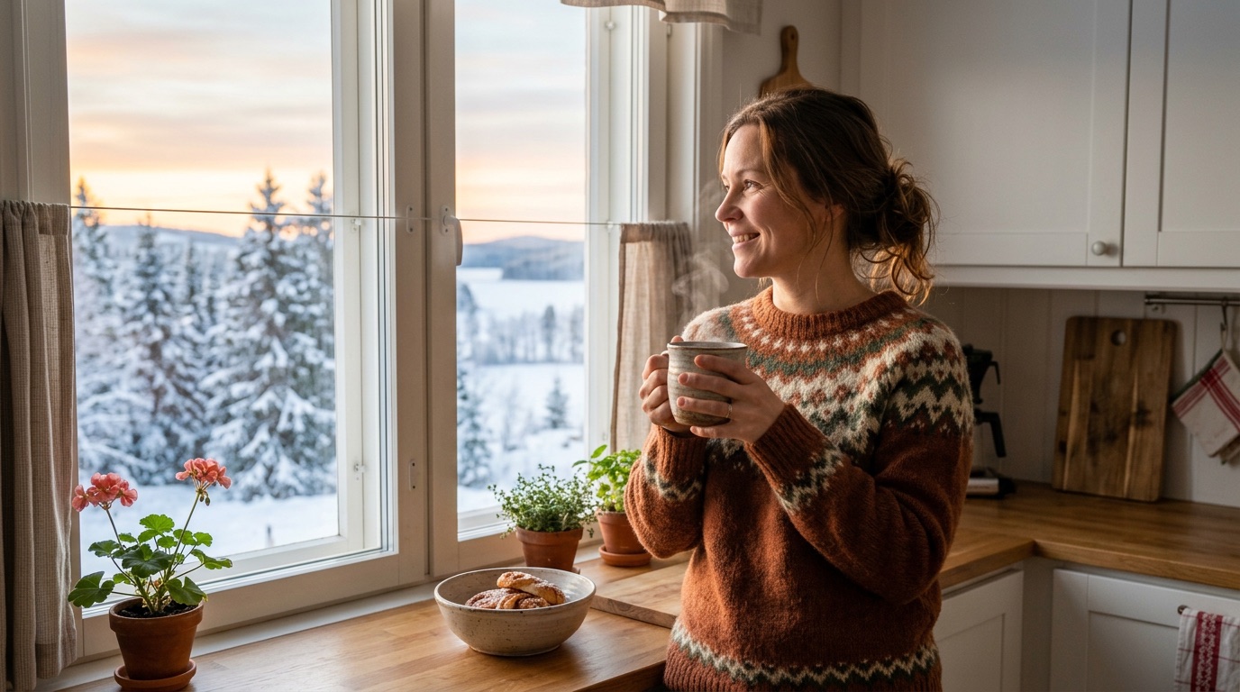A person holding a warm mug of coffee by a bright window on a calm Finnish morning