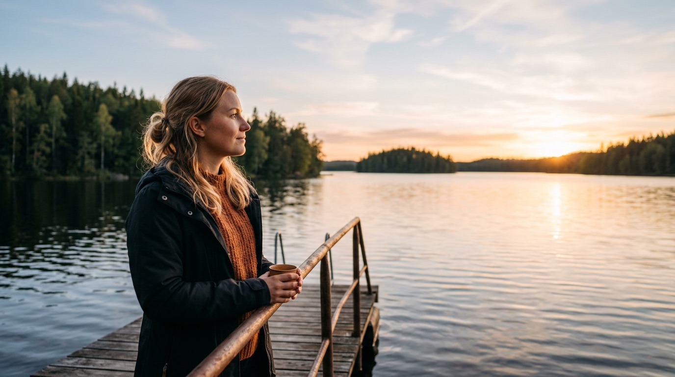 A person looking thoughtfully but hopefully over a Finnish lake at golden hour