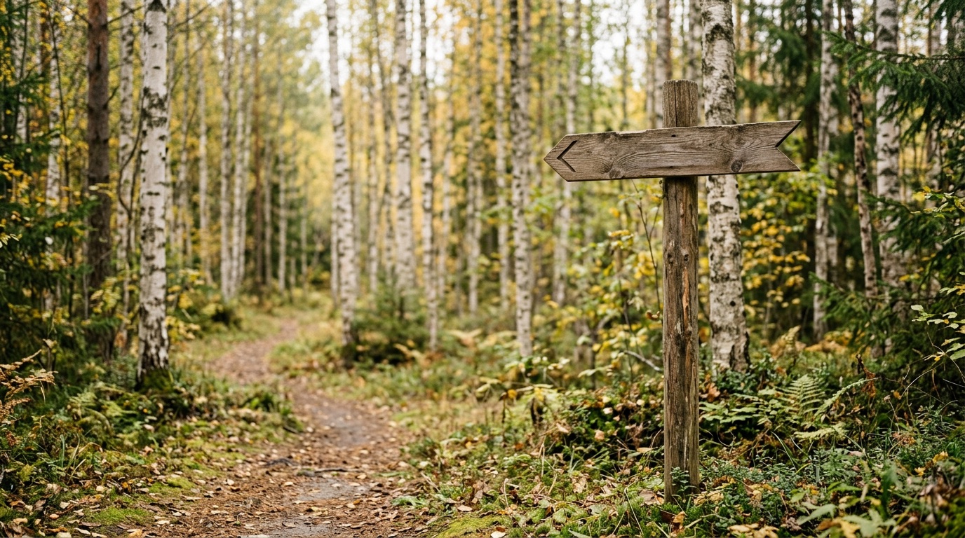 A wooden signpost on a Finnish forest path pointing a clear direction