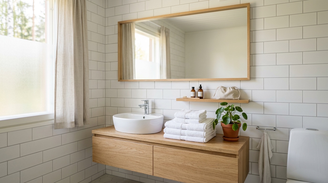 A clean bright Scandinavian bathroom with white tiles, a mirror and folded towels