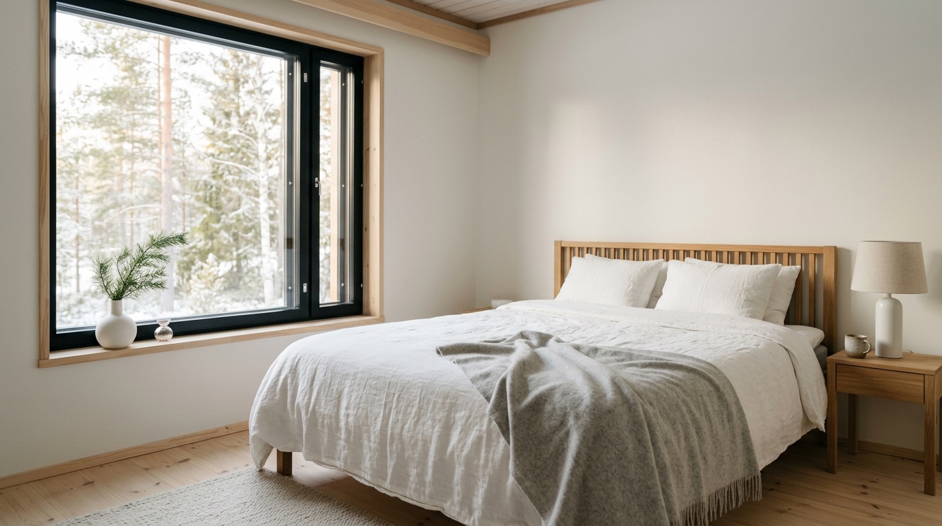 A calm minimalist Finnish bedroom with a neatly made bed and soft morning light
