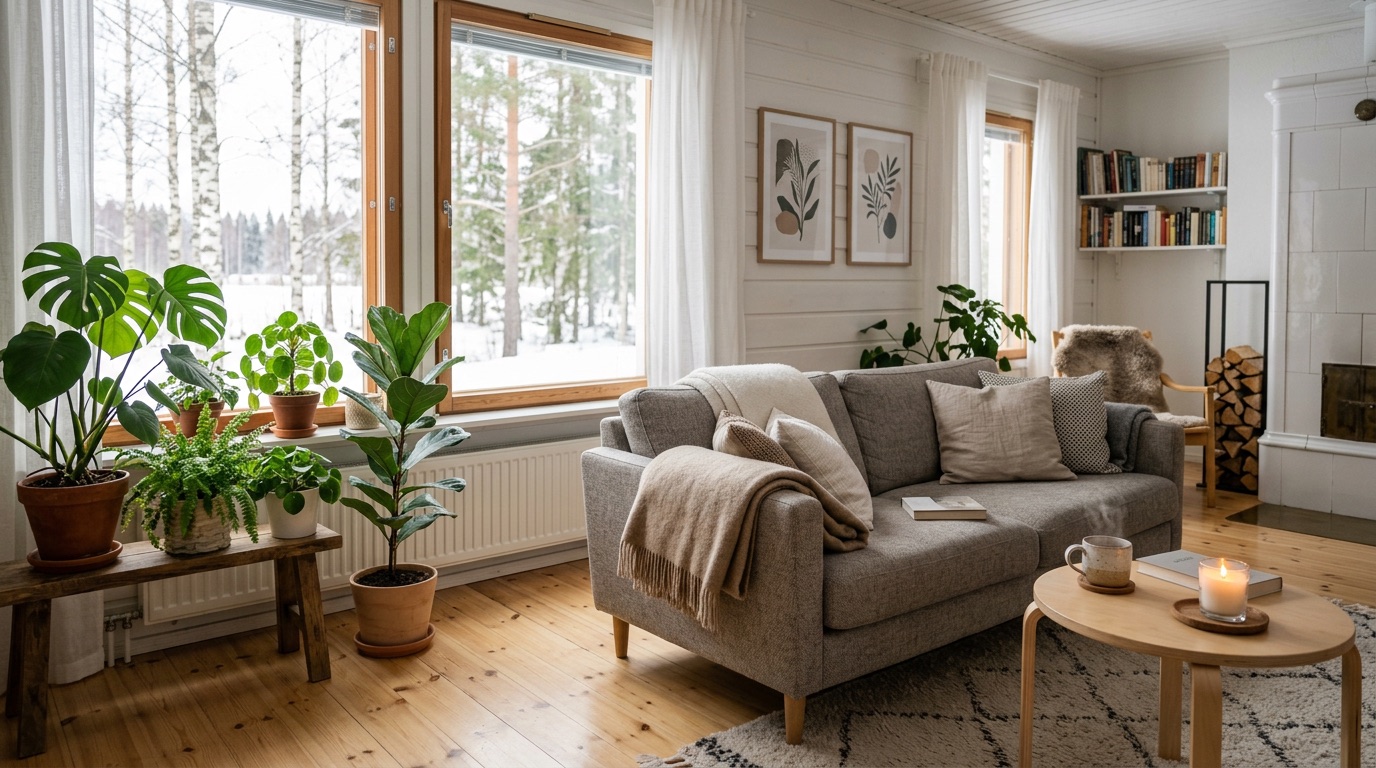 A cosy bright Finnish living room with light wood floors, a sofa and large windows
