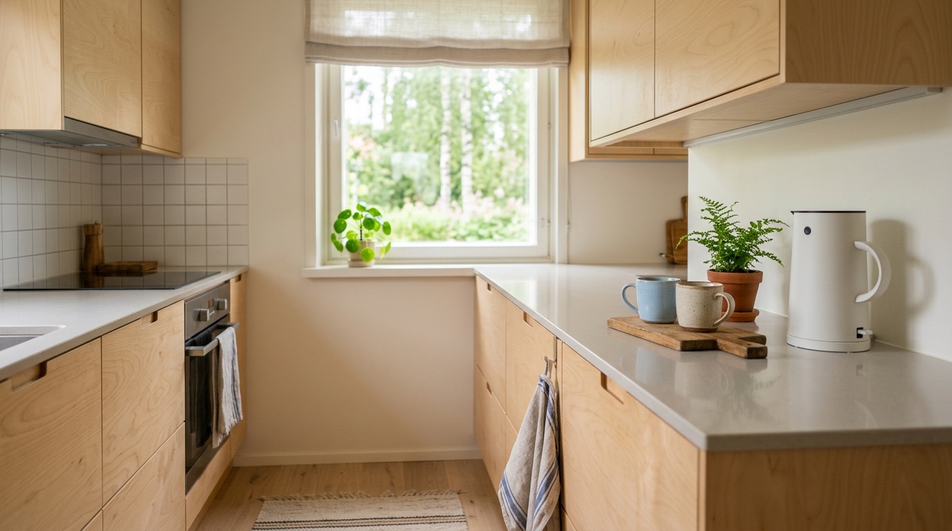 A clean modern Finnish kitchen with light wooden cabinets and daylight