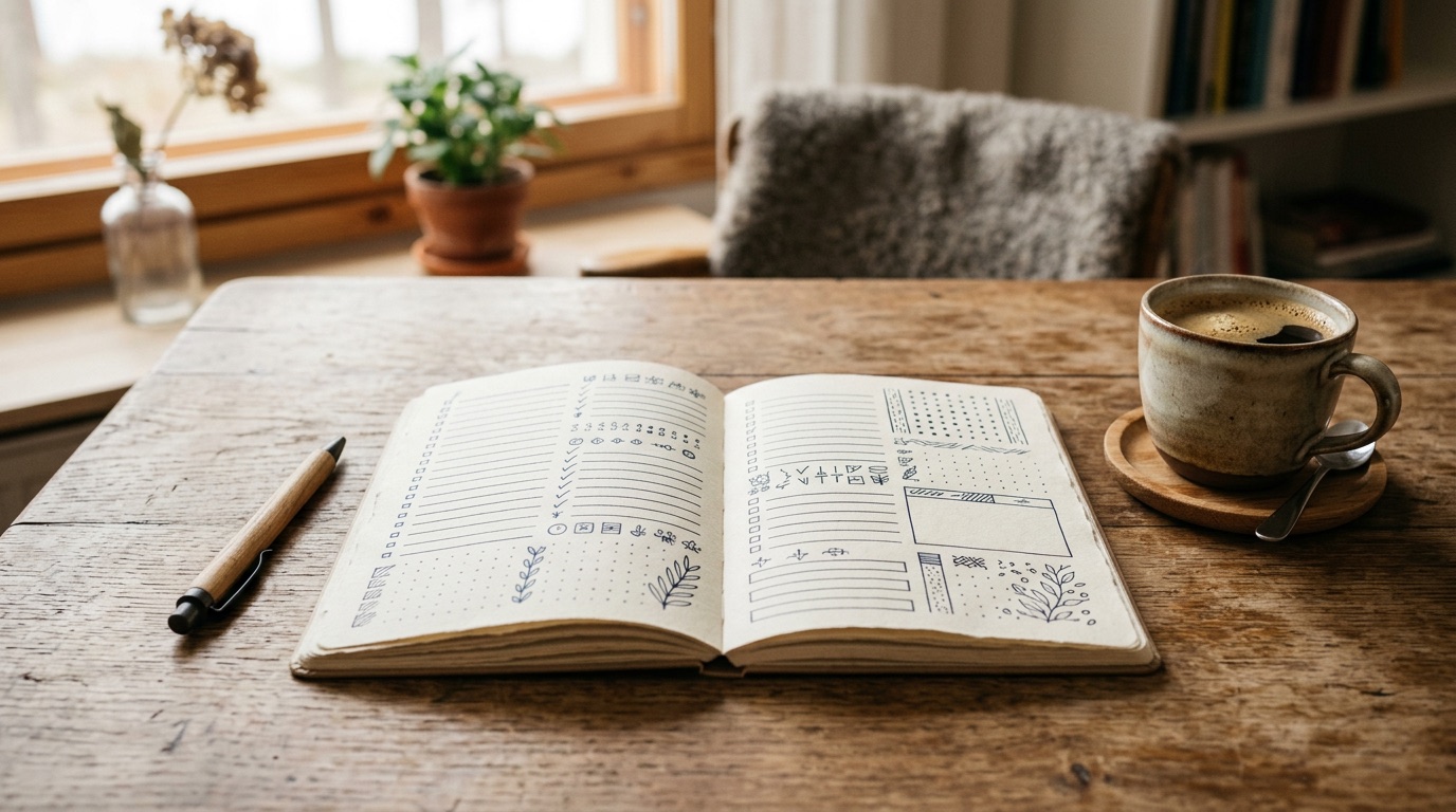 An open planner and a coffee cup on a wooden desk in soft daylight