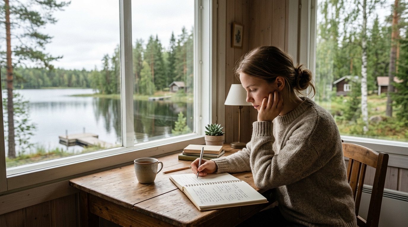 A person studying by a window looking out at a calm Finnish landscape