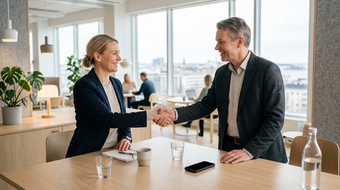 A warm professional handshake at the end of a meeting