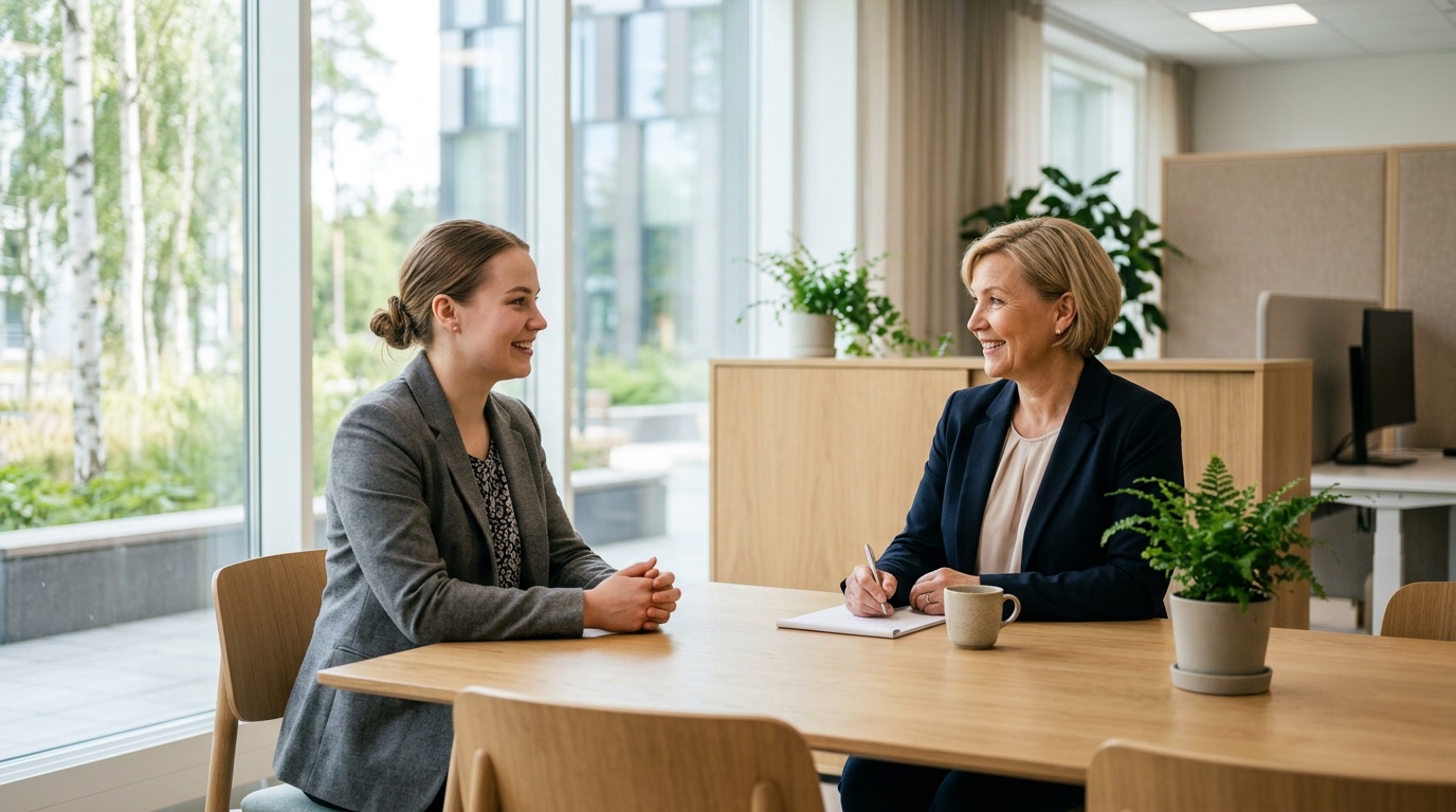 A calm friendly job interview in a bright modern Finnish office