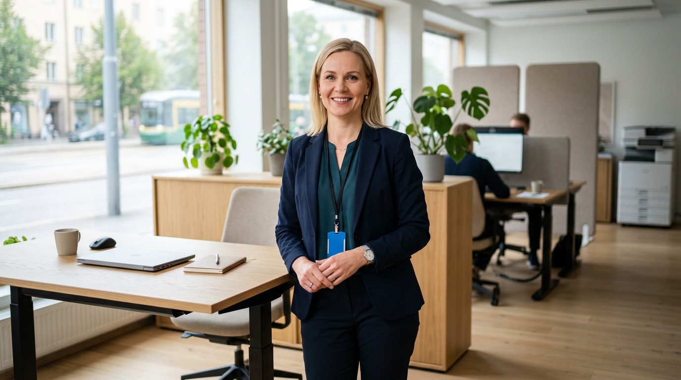 A professional in work clothes standing confidently at a Finnish workplace