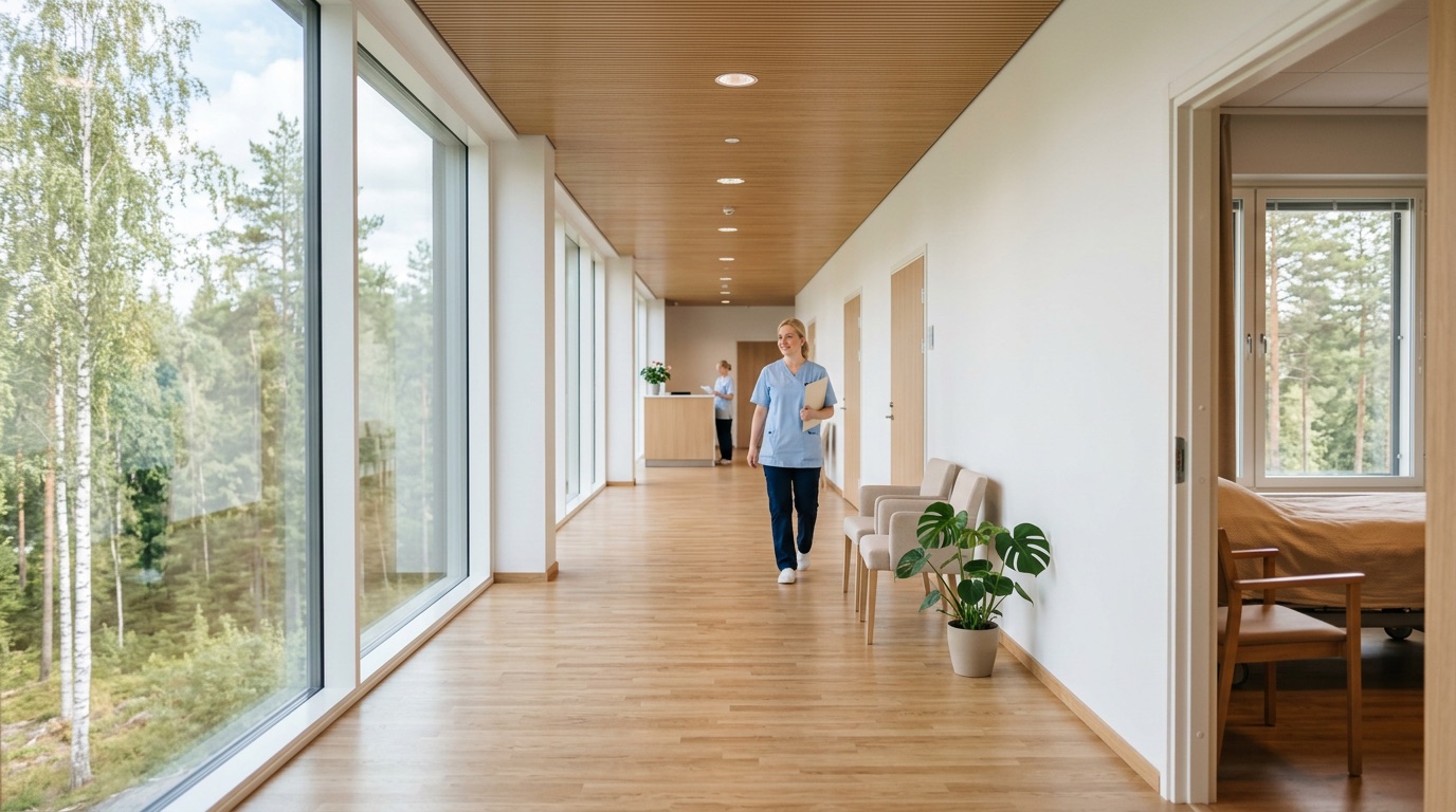 A calm bright Finnish hospital ward, clean and professional