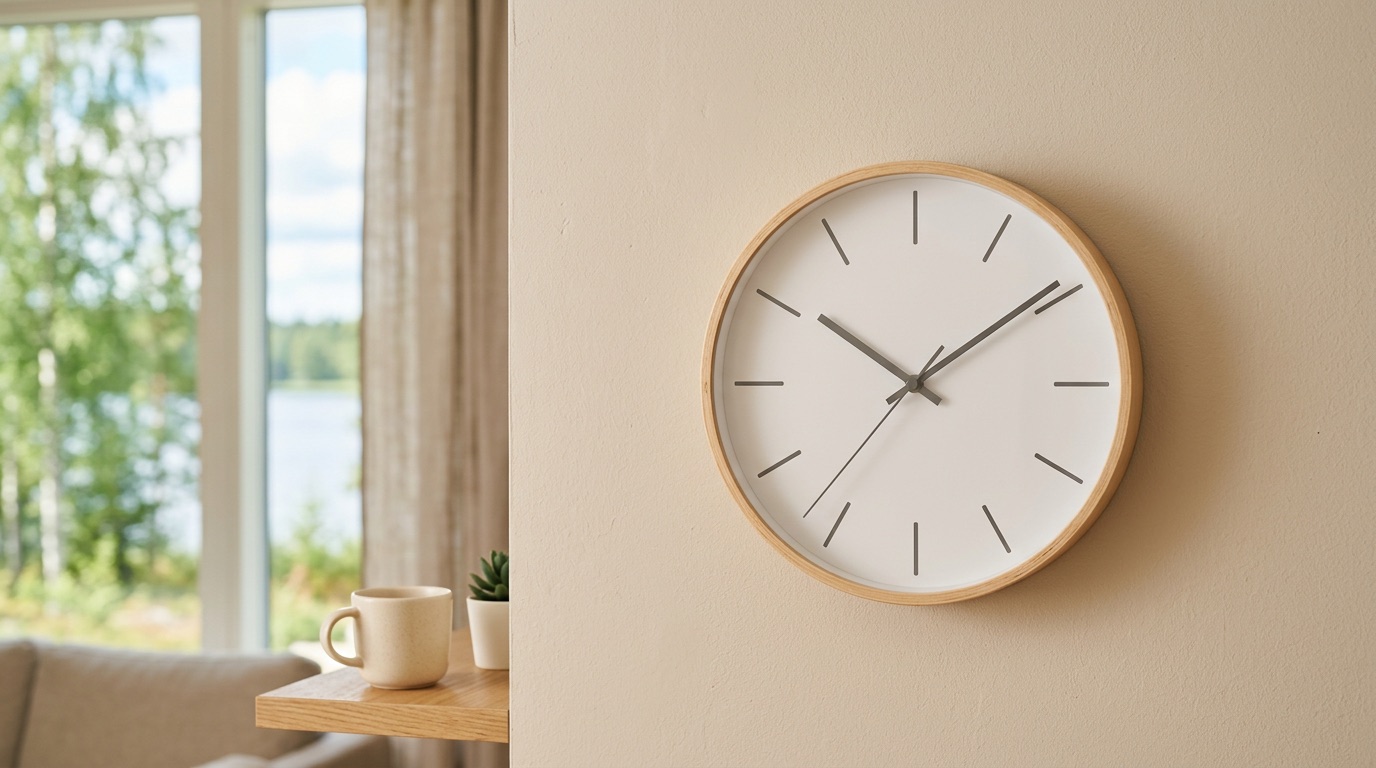 A simple round wall clock in a bright Finnish room