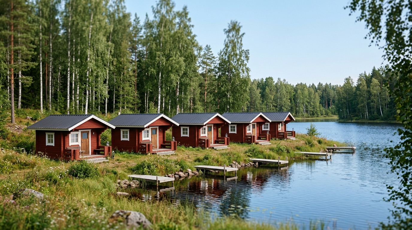 A row of five red Finnish lakeside cabins, clearly countable
