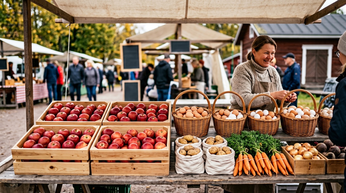 A Finnish market stall with produce in clear countable groups