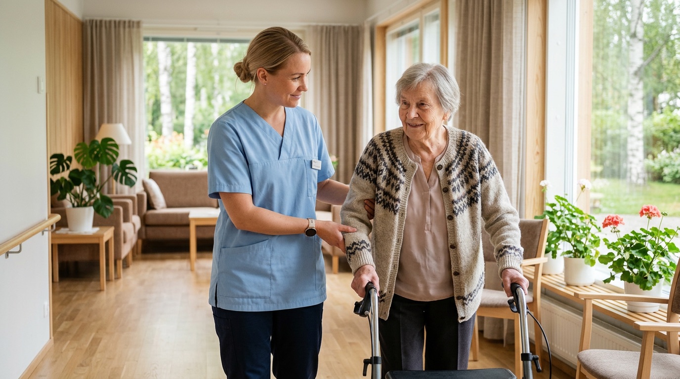 A nurse gently helping an elderly patient in a calm Finnish care home