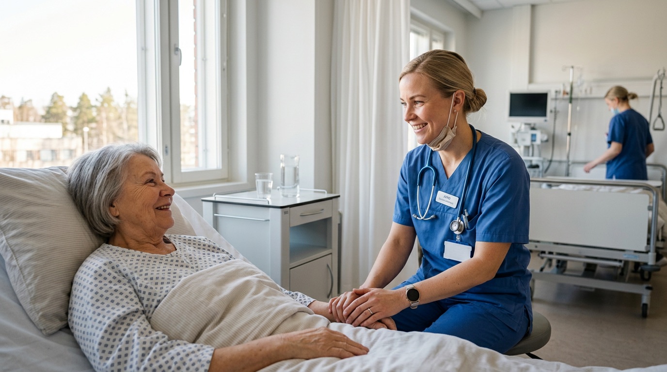 A friendly Finnish nurse in blue scrubs in a bright hospital ward