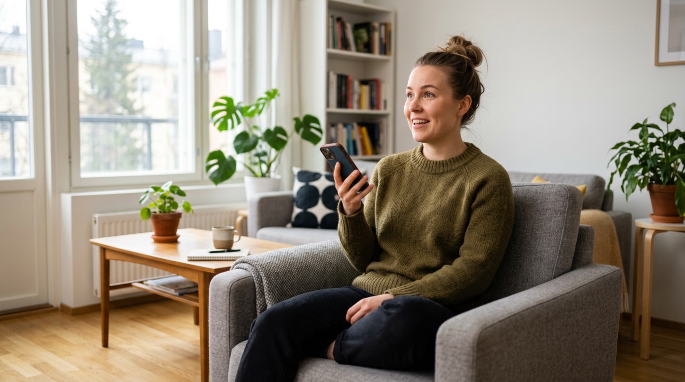 A person practising speaking at home with a phone, relaxed and confident