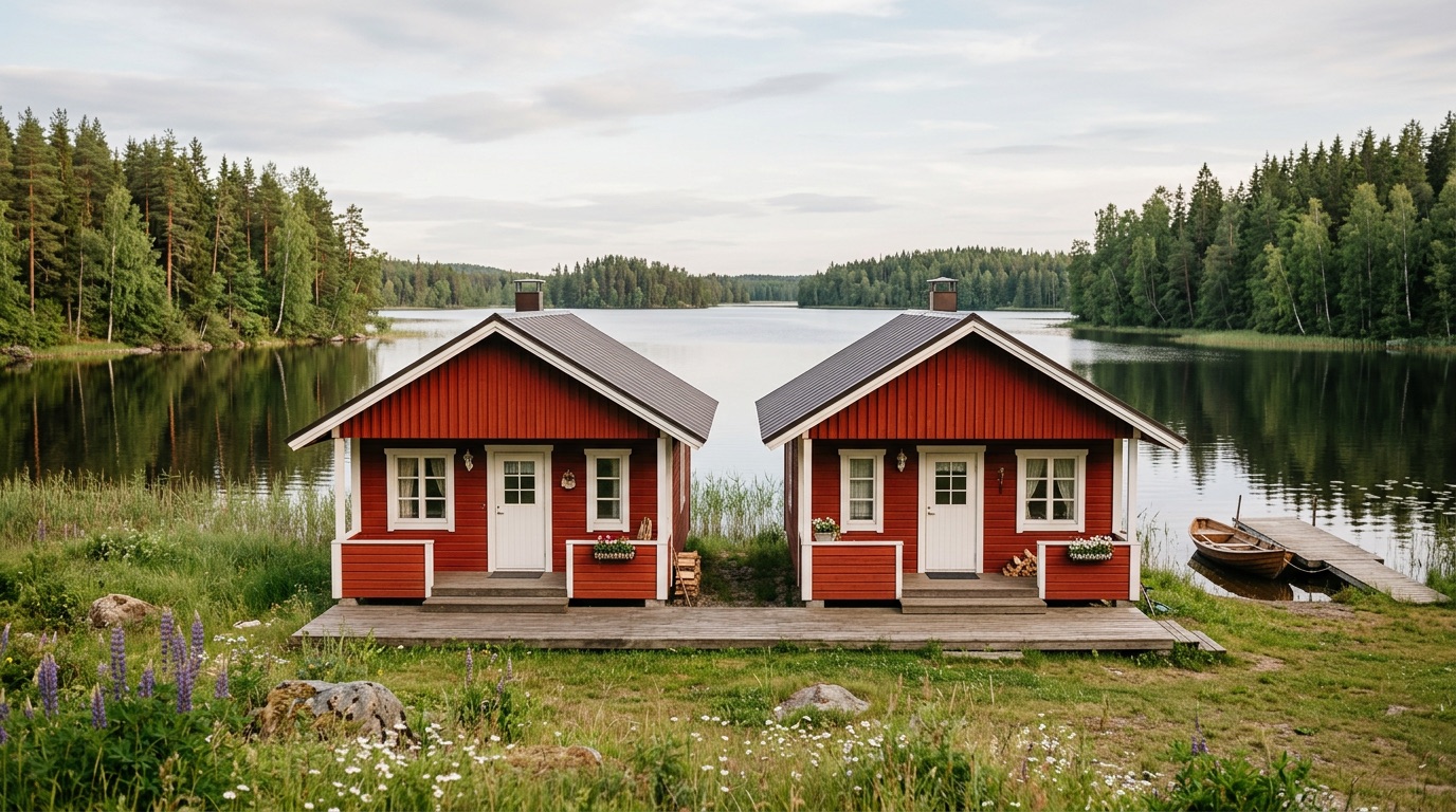 Two identical red cabins side by side by a Finnish lake, suggesting a doubled sound
