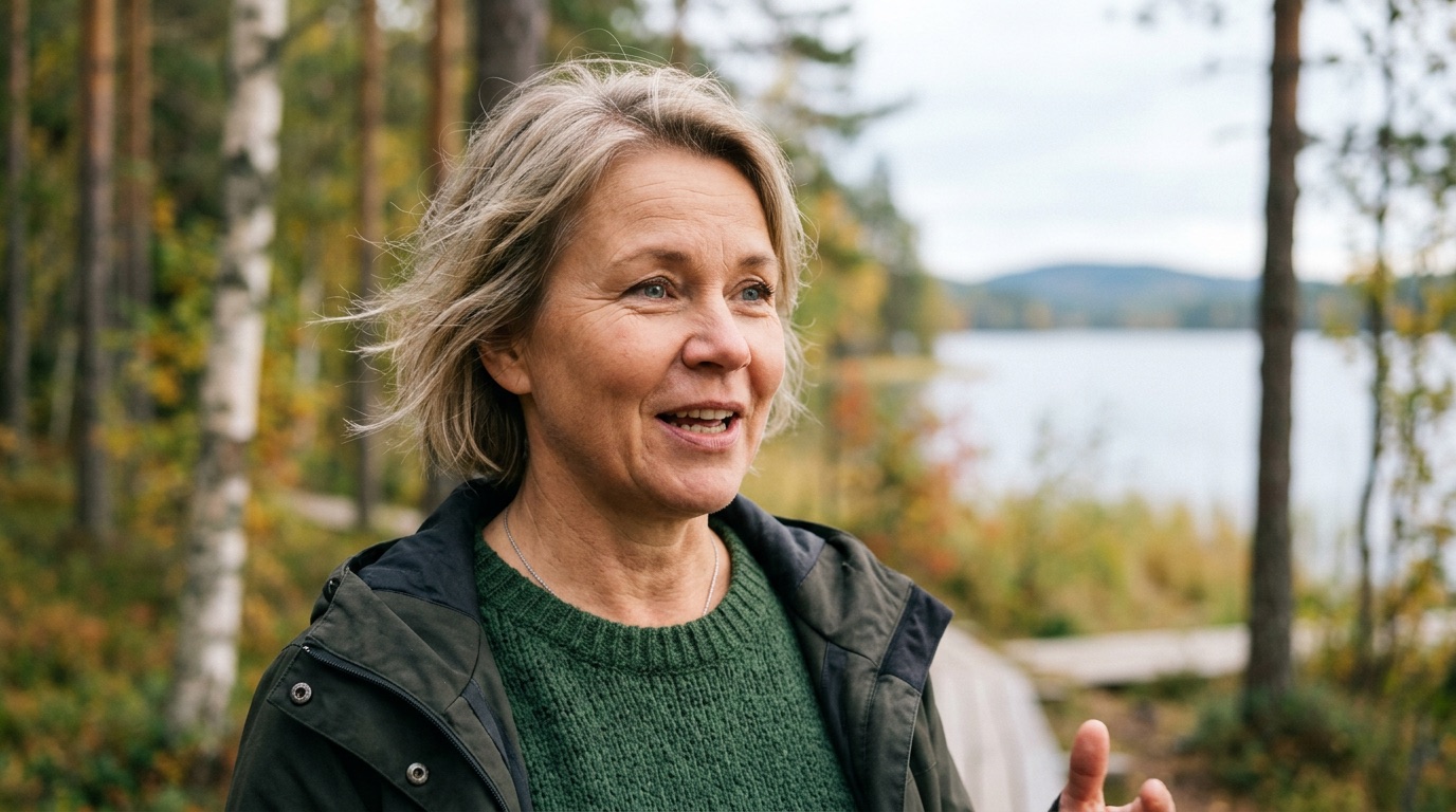 A friendly Finnish person speaking clearly outdoors in soft daylight