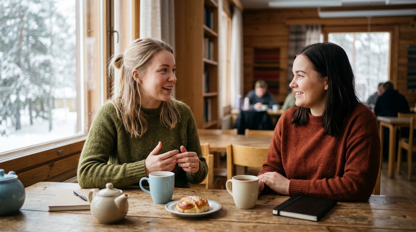 A person speaking clearly to an attentive friend at a cafe table