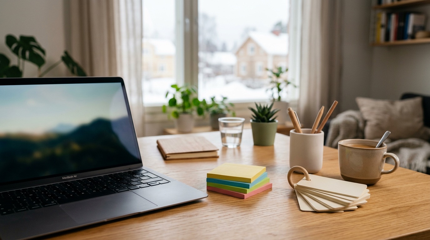 A tidy desk with colourful sticky notes and flashcards near a laptop
