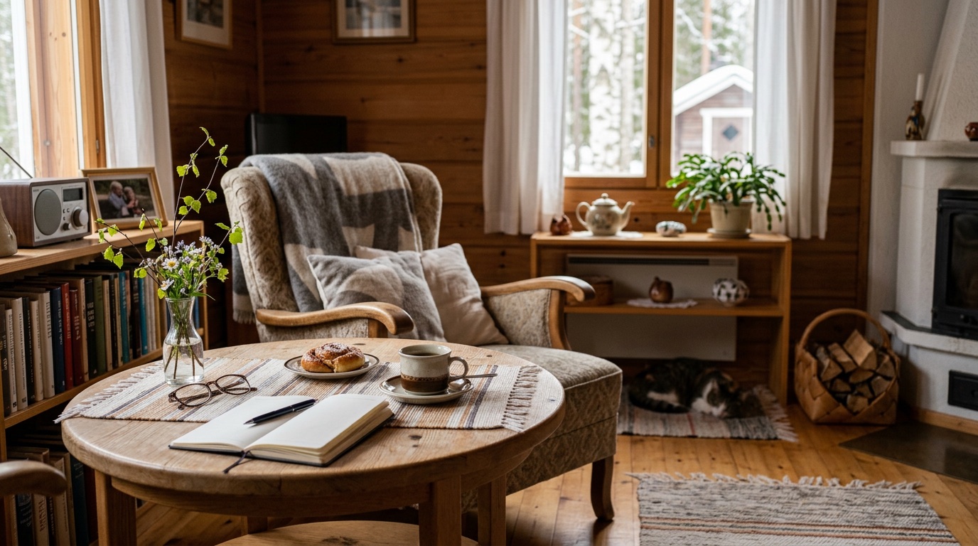 A cosy Finnish living room with everyday objects clearly visible