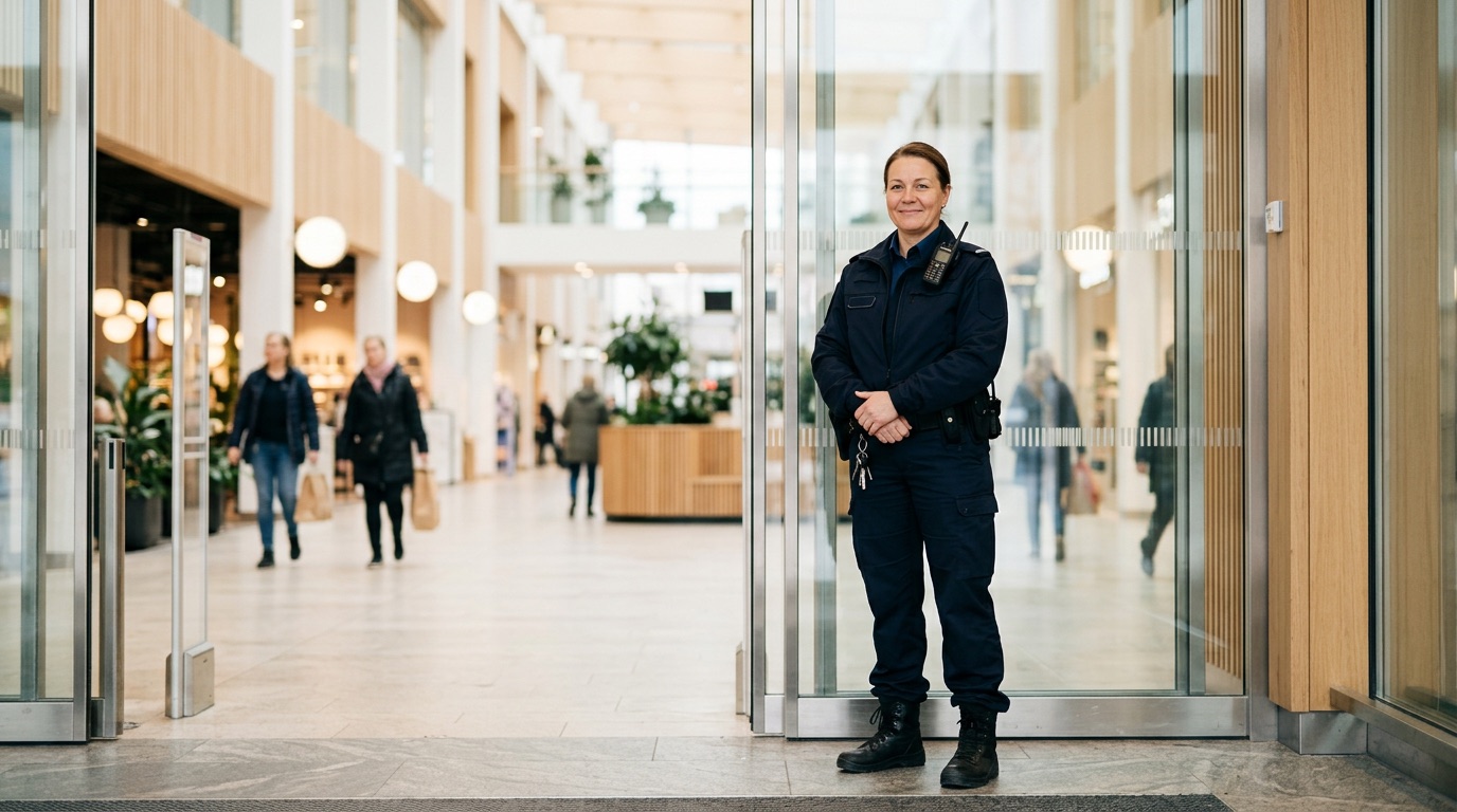 A professional security guard at the entrance of a bright Finnish shopping centre
