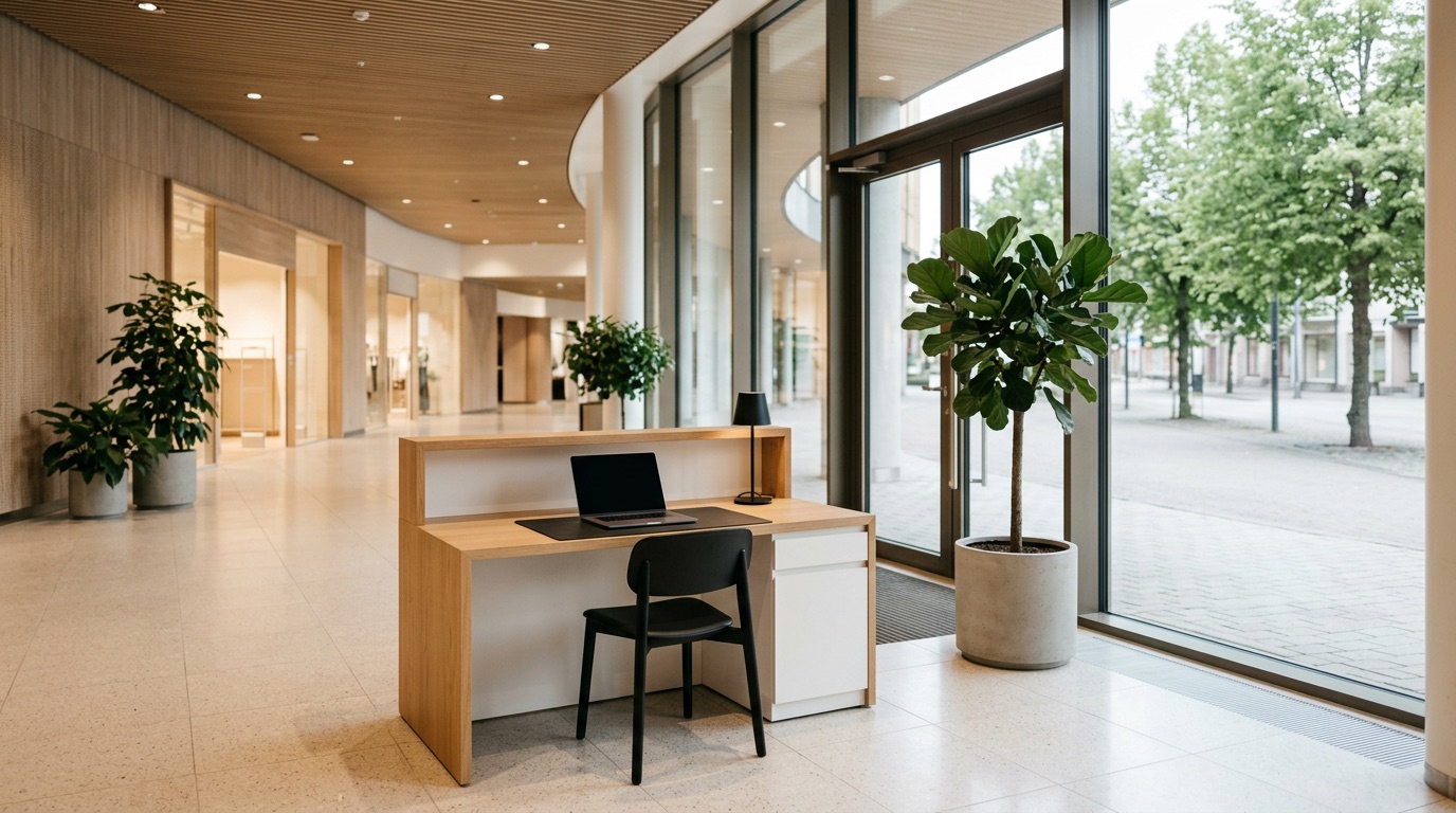 A bright Finnish shopping centre entrance, a security guard's workplace