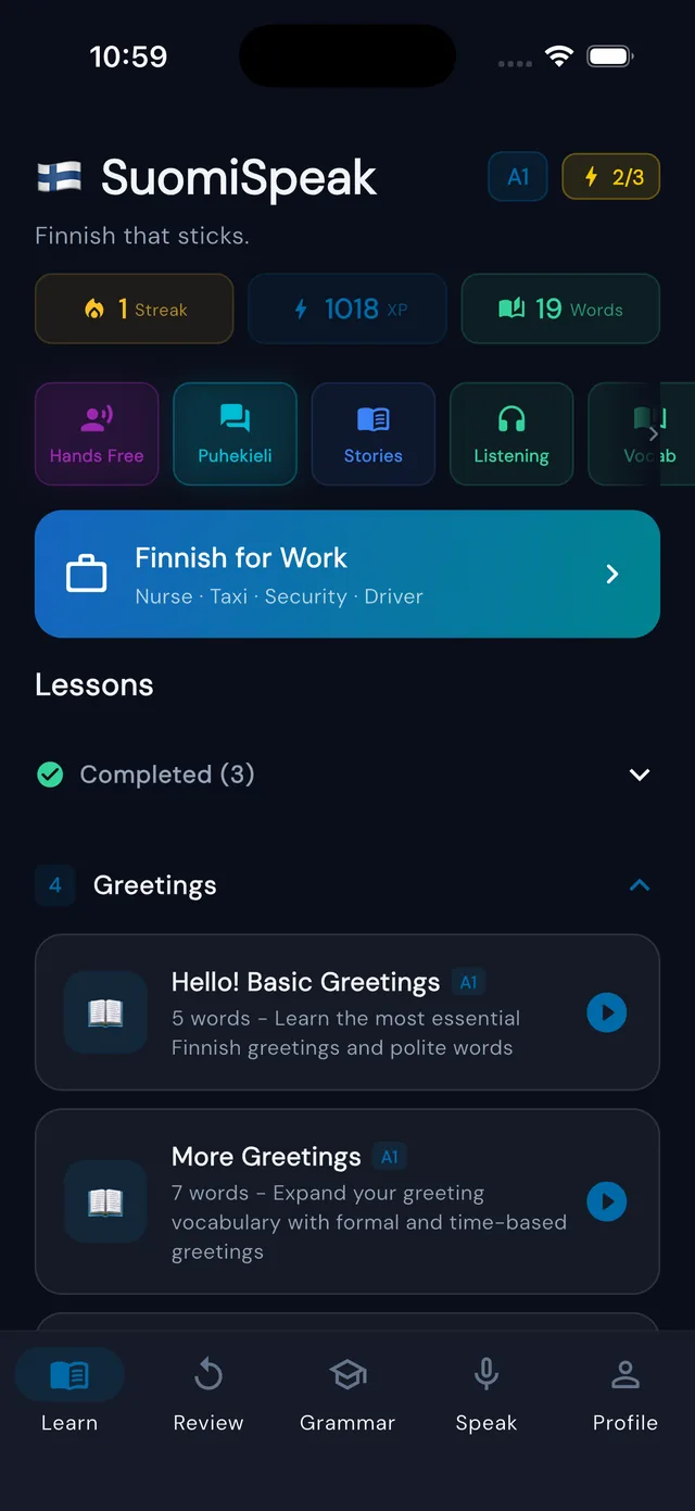 Learn Finnish — dashboard